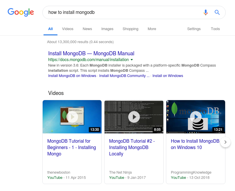 How to install MongoDB Google Search